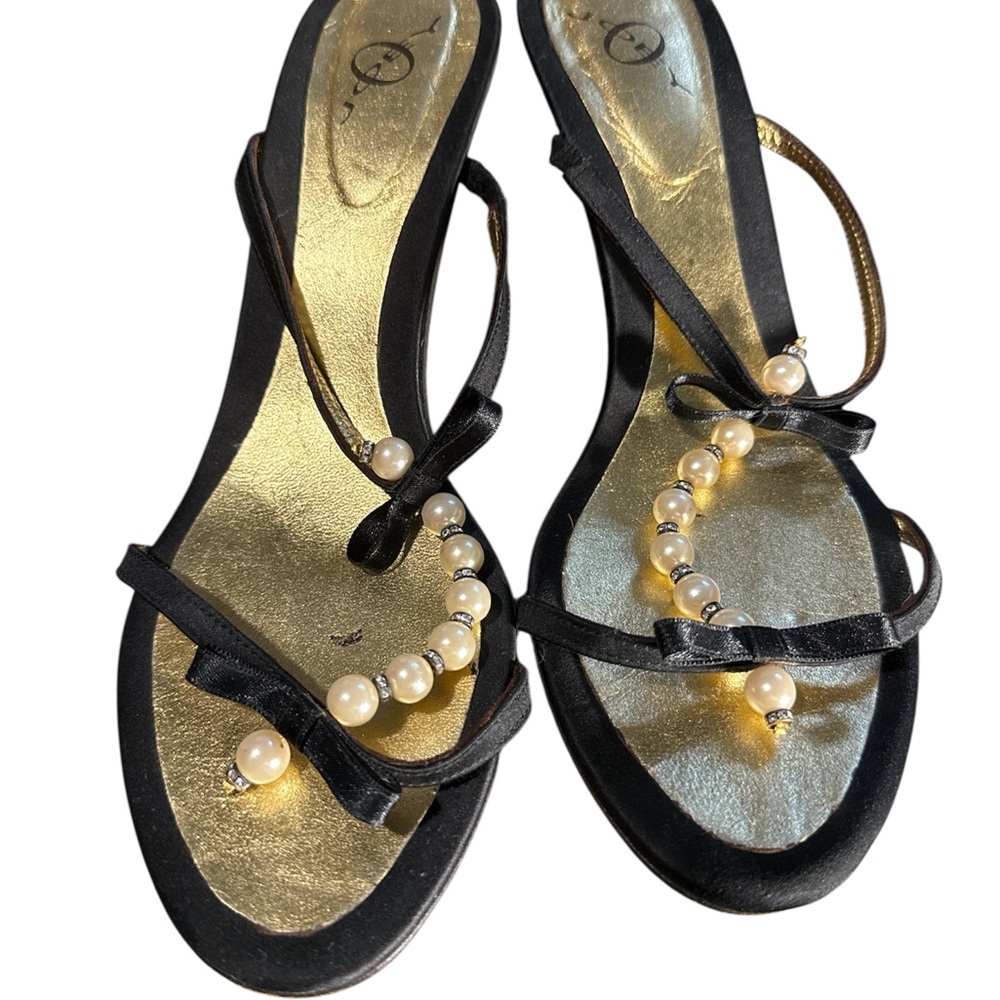 Vintage Sexy Black and Gold Slip in High Heels Pearl & Rhinestone Detail Size9